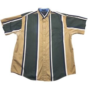 Gant Newport Twill Striped Short Sleeve Button Down Shirt Mens XL Green Tan